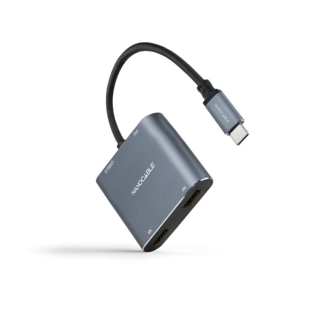 Nanocable - Conversor USB-C a 2xHDMI/USB2.0/PD, 15 cm, Gris