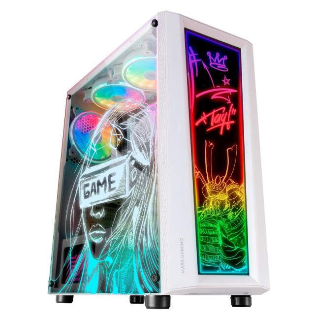 Mars Gaming - MC-ART Blanco, Caja PC Gaming ATX, Doble Cristal Templado Dibujable, ARGB 12 Modos, Ventilador 12 cm