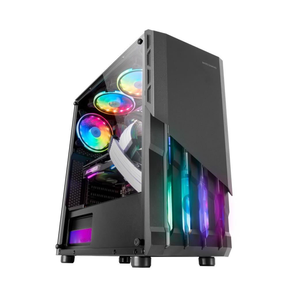 Mars Gaming - MC-X2, Caja PC Gaming ATX, Frontal Acero FRGB, 2 Ventiladores 12cm FRGB, Ventana Lateral Completa, Negro