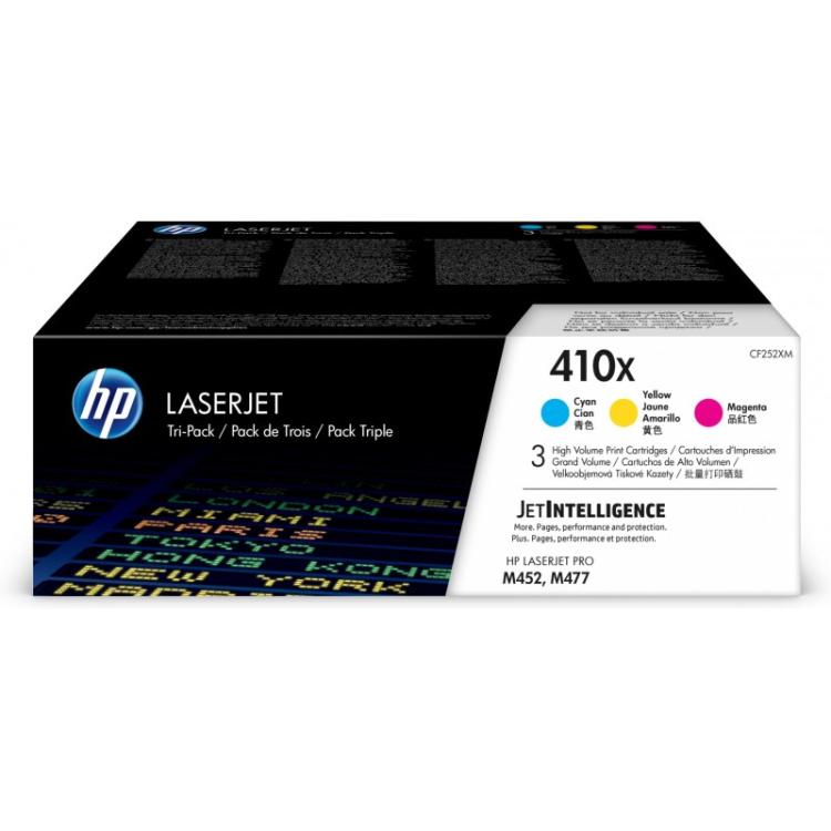 HP - Paquete de 3 cartuchos de tóner cian/magenta/amarillo Originales LaserJet 410X de alta capacidad