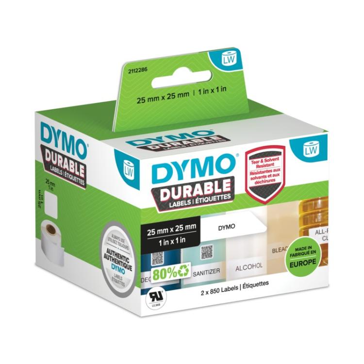 DYMO - LW auténticas etiquetas durables / 25mm × 25mm / 2 rollos de 850 etiquetas "White Poly" (1700 unidades) / Etiquetas que d