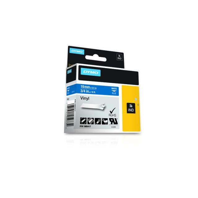 DYMO - Rhino Etiquetas industriales de vinilo / 19 mm x 5,5 m / Impresión blanca sobre azul / Autoadhesivas / Para etiquetadoras