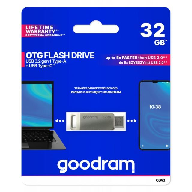 Goodram - ODA3 unidad flash USB 32 GB USB Type-A / USB Type-C 3.2 Gen 1 (3.1 Gen 1) Plata