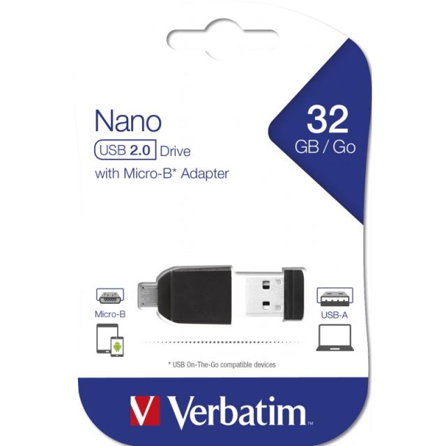 Verbatim - Nano - Unidad USB de 32 GB con adaptador Micro USB - Negro