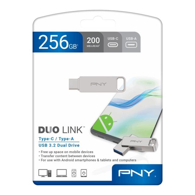PNY - DUO LINK unidad flash USB 256 GB USB Type-A / USB Type-C 3.2 Gen 1 (3.1 Gen 1) Acero inoxidable