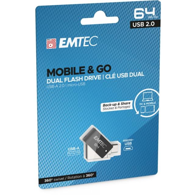 Emtec - T260B unidad flash USB 64 GB USB Type-A / Micro-USB 2.0 Negro, Acero inoxidable