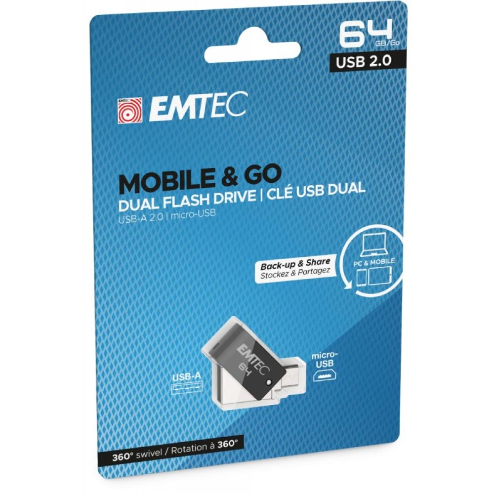 Emtec - T260B unidad flash USB 64 GB USB Type-A / Micro-USB 2.0 Negro, Acero inoxidable