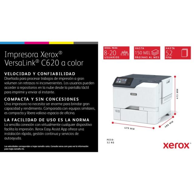 Xerox - VersaLink C620 A4 50 ppm Impresora a doble cara PS3 PCL5e/6 2 bandejas 650 hojas