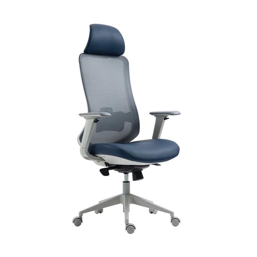 Sillón de oficina ARANJUEZ, alto, gris, ergonómico, multifunción, malla y asiento azul