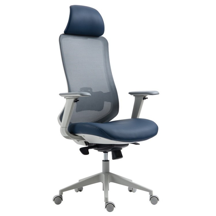 Sillón de oficina ARANJUEZ, alto, gris, ergonómico, multifunción, malla y asiento azul