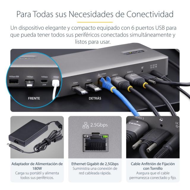 StarTech.com - Docking Station USB4 - USB-C de 40Gbps - Vídeo Doble HDMI - Hasta 1x 8K 60Hz 4:4:4 (RGB) o 2x 4K 120Hz 4:2:2 - co