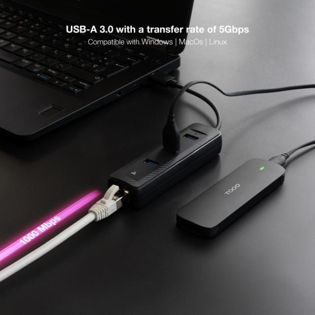 Nanocable - Hub USB-A 3.0 a 3xUSB-A 3.0 + RJ45, USB-A/M- USB-A/M-RJ45/H, Negro, 15 cm