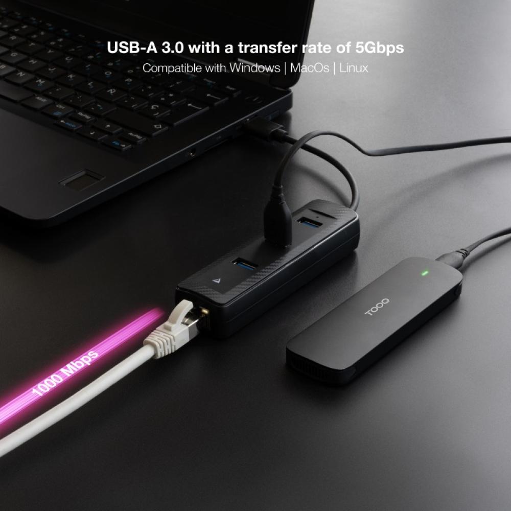 Nanocable - Hub USB-A 3.0 a 3xUSB-A 3.0 + RJ45, USB-A/M- USB-A/M-RJ45/H, Negro, 15 cm