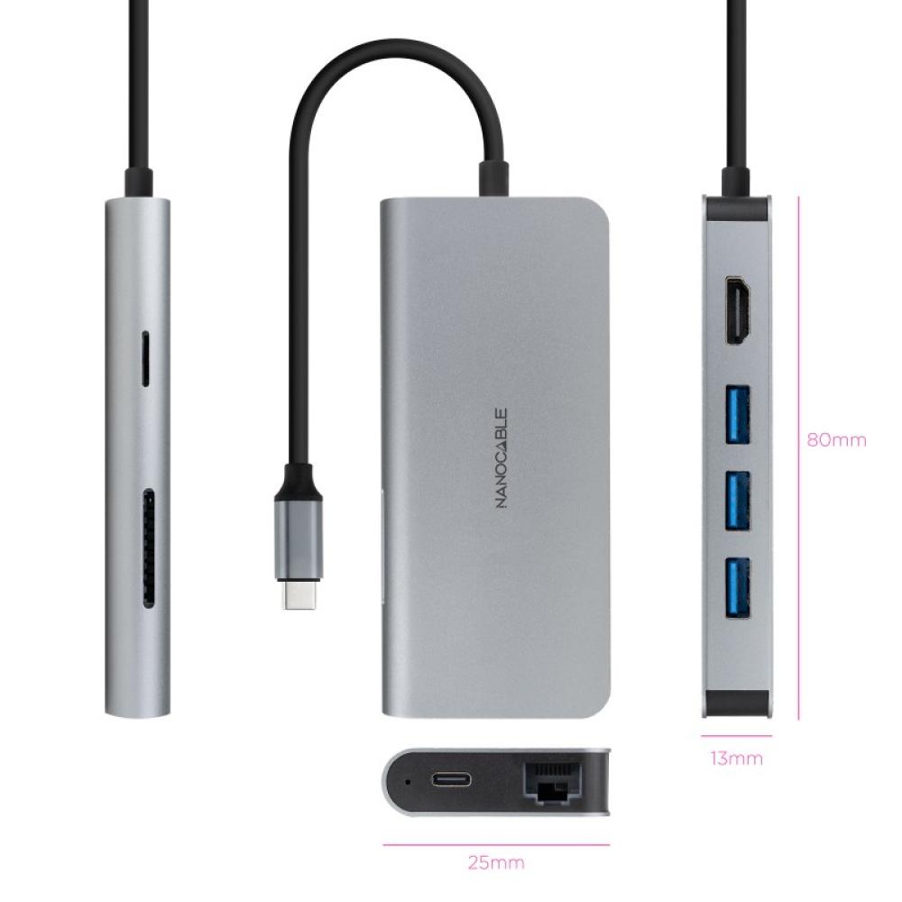 Nanocable - Hub USB-C 8 en 1, Conversor USB-C 3.1 a 3xUSB-A 3.0 + HDMI 4K@60Hz + USB-C PD + RJ45 1Gbps + TF + SD, Aluminio, Gris