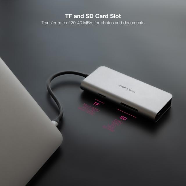 Nanocable - Hub USB-C 8 en 1, Conversor USB-C 3.1 a 3xUSB-A 3.0 + HDMI 4K@60Hz + USB-C PD + RJ45 1Gbps + TF + SD, Aluminio, Gris