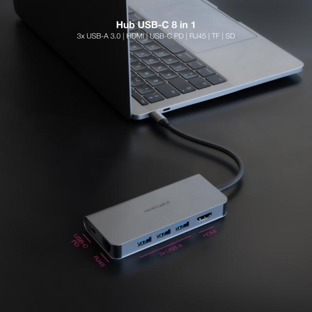 Nanocable - Hub USB-C 8 en 1, Conversor USB-C 3.1 a 3xUSB-A 3.0 + HDMI 4K@60Hz + USB-C PD + RJ45 1Gbps + TF + SD, Aluminio, Gris