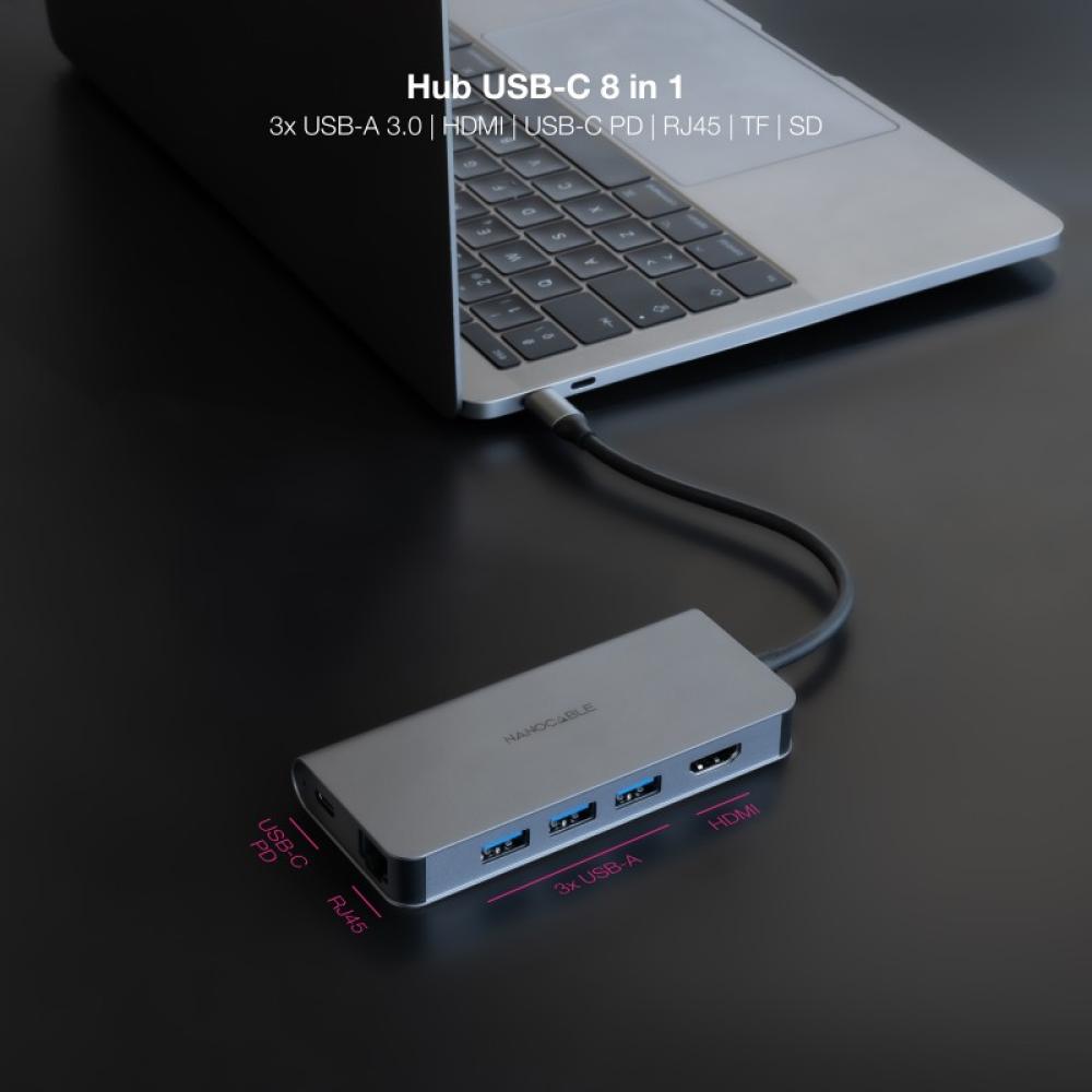Nanocable - Hub USB-C 8 en 1, Conversor USB-C 3.1 a 3xUSB-A 3.0 + HDMI 4K@60Hz + USB-C PD + RJ45 1Gbps + TF + SD, Aluminio, Gris