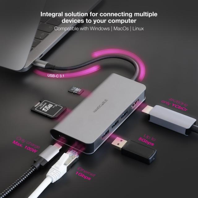 Nanocable - Hub USB-C 8 en 1, Conversor USB-C 3.1 a 3xUSB-A 3.0 + HDMI 4K@60Hz + USB-C PD + RJ45 1Gbps + TF + SD, Aluminio, Gris