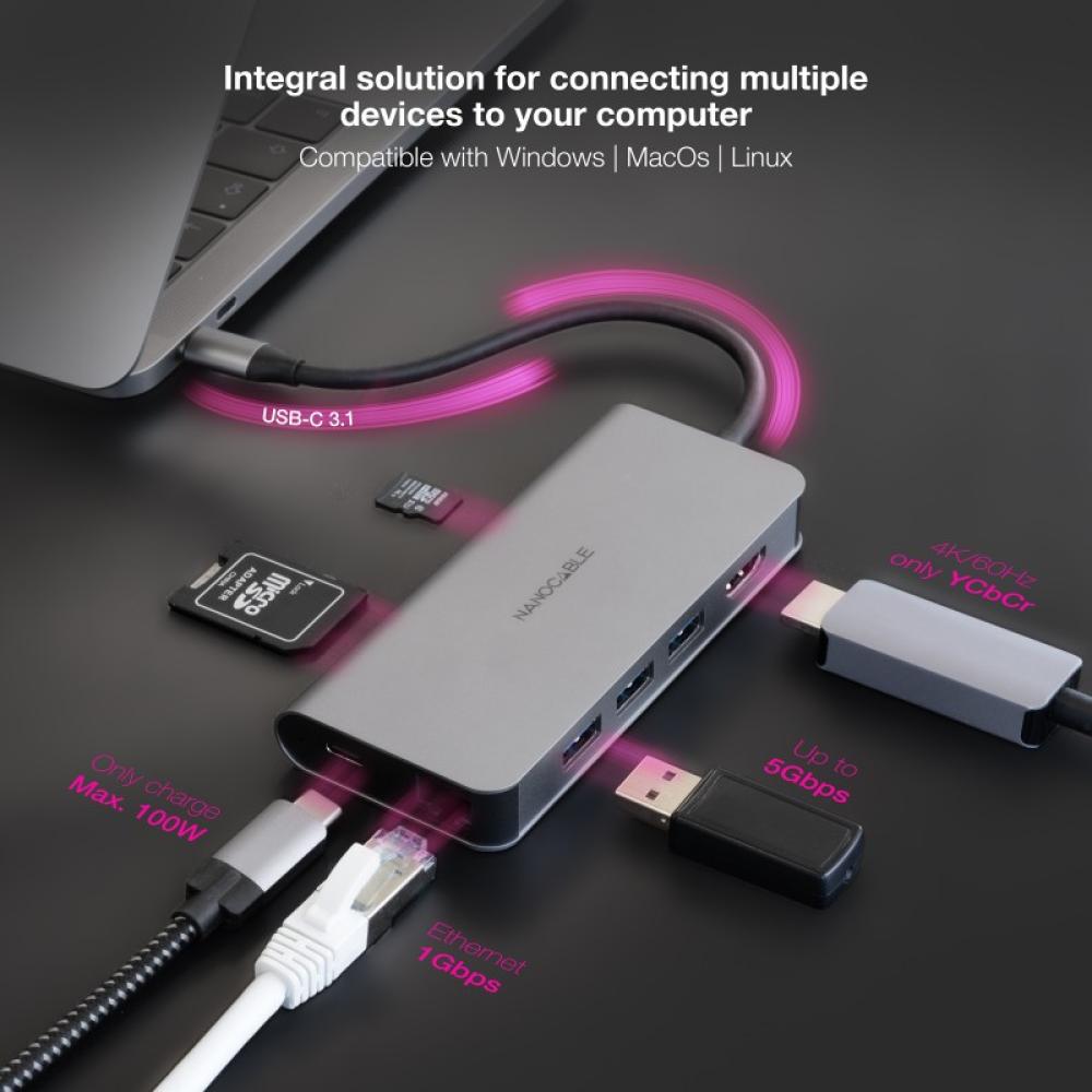 Nanocable - Hub USB-C 8 en 1, Conversor USB-C 3.1 a 3xUSB-A 3.0 + HDMI 4K@60Hz + USB-C PD + RJ45 1Gbps + TF + SD, Aluminio, Gris