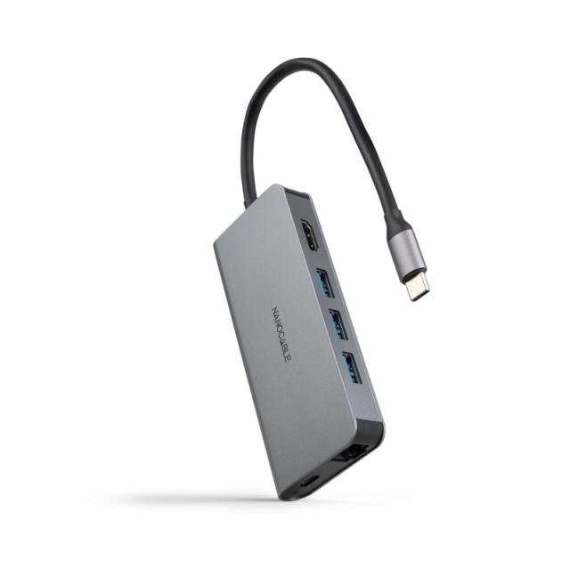 Nanocable - Hub USB-C 8 en 1, Conversor USB-C 3.1 a 3xUSB-A 3.0 + HDMI 4K@60Hz + USB-C PD + RJ45 1Gbps + TF + SD, Aluminio, Gris