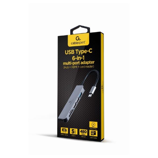 Gembird - A-CM-COMBO6-02 base para portátil y replicador de puertos Alámbrico USB 3.2 Gen 1 (3.1 Gen 1) Type-C Gris