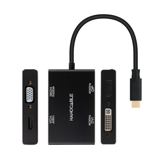 Nanocable - Conversor USB-C/M a HDMI/H + DVI/H + DP/H + VGA/H, Negro, 10 cm