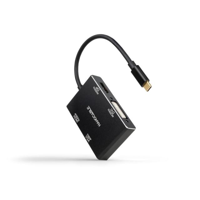 Nanocable - Conversor USB-C/M a HDMI/H + DVI/H + DP/H + VGA/H, Negro, 10 cm