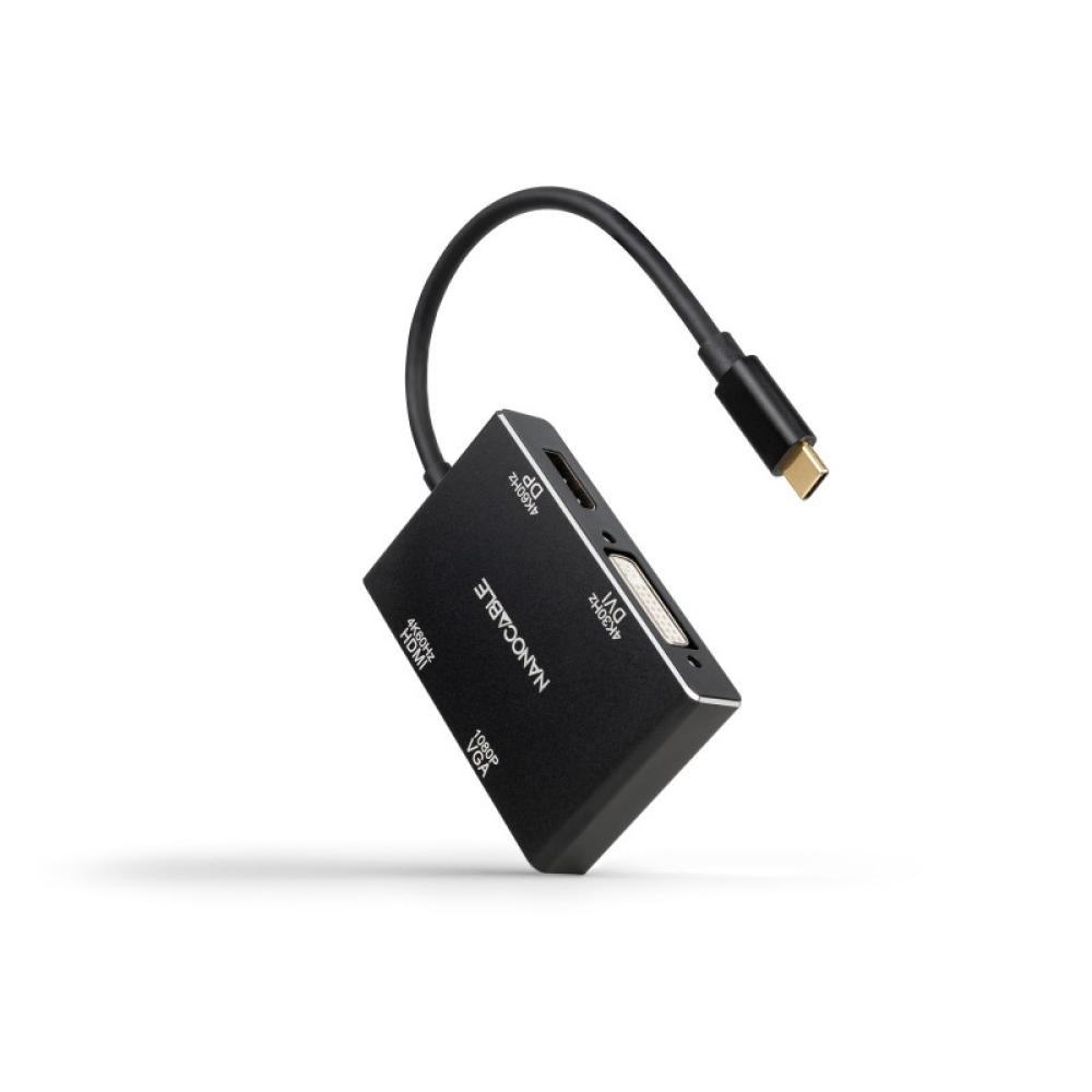 Nanocable - Conversor USB-C/M a HDMI/H + DVI/H + DP/H + VGA/H, Negro, 10 cm