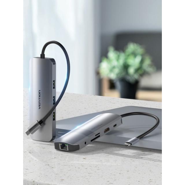 Vention - Docking USB Tipo-C TOLHB/ 1xHDMI/ 3xUSB/ 1xUSB Tipo-C PD/ 1xRJ45 1xLector Tarjetas SD y MicroSD/ Jack 3.5/ Gris