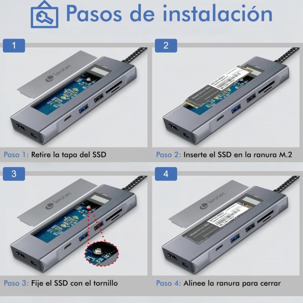Leotec - Docking Station 8 en 1 con ranura M.2 para SSD