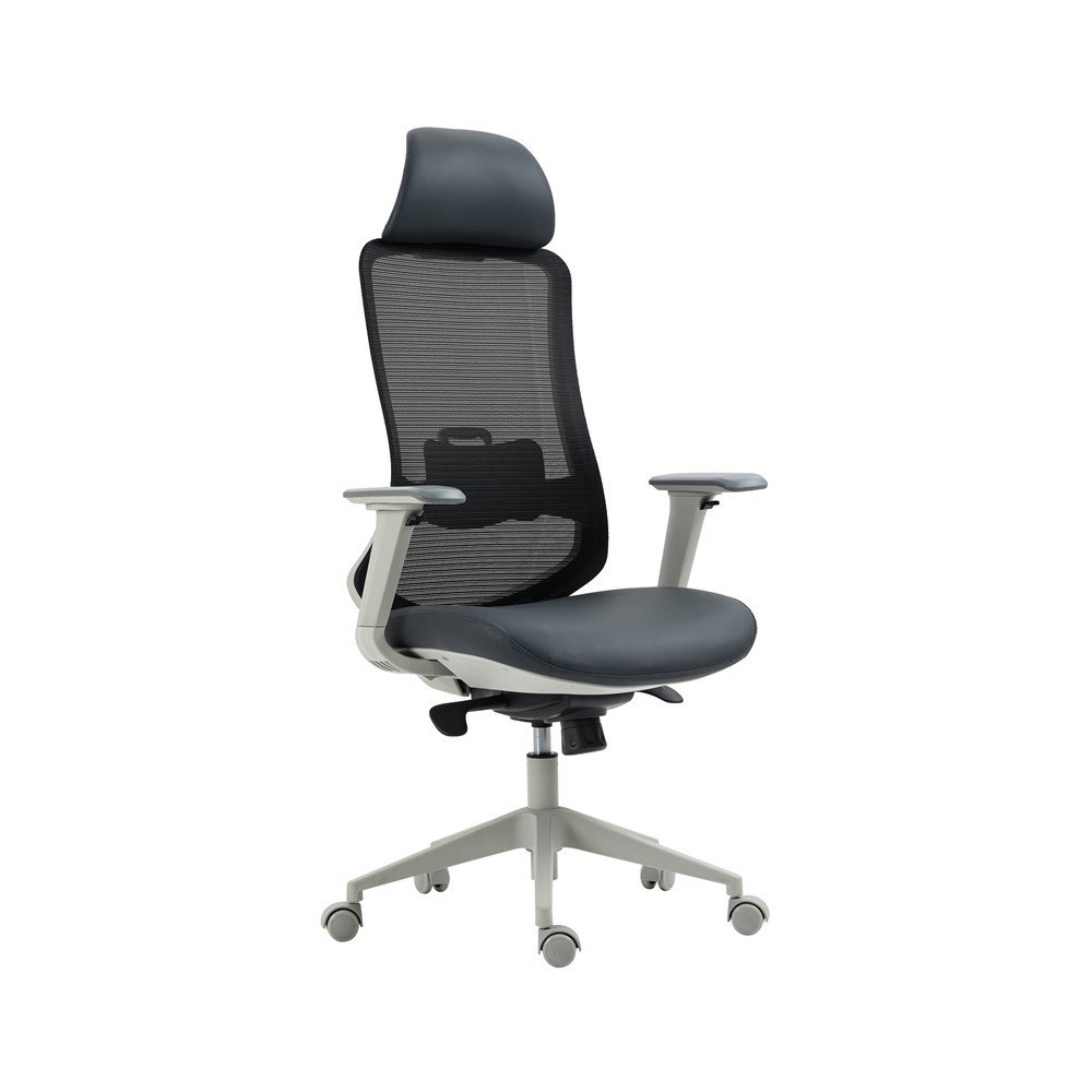 Sillón de oficina ARANJUEZ, alto, gris, ergonómico, multifunción, malla y asiento negro