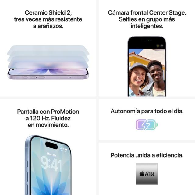 Apple - iPhone 17 16 cm (6.3") SIM doble iOS 26 5G USB Tipo C 512 GB Lavanda