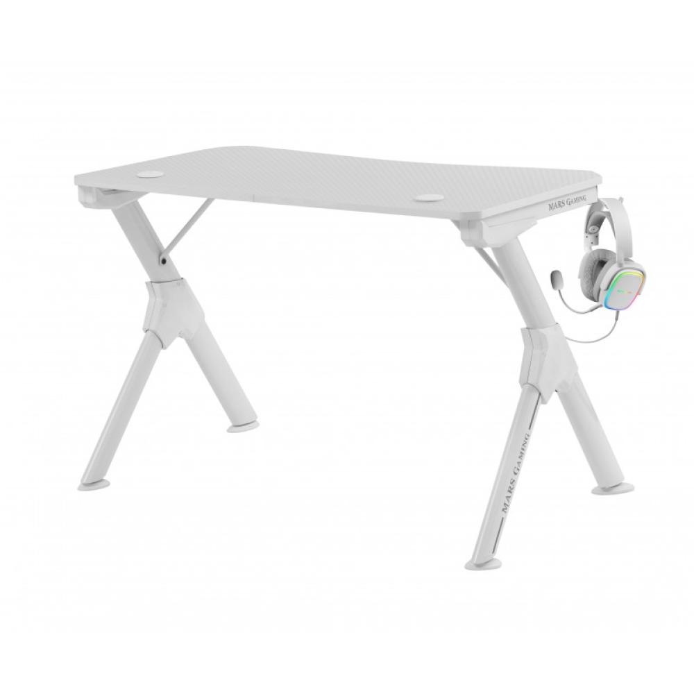 Mars Gaming - MGD, Mesa Ergonómica Gaming, Soporte Auriculares y Bebidas, Escritorio PC, 110x60cm, Blanco