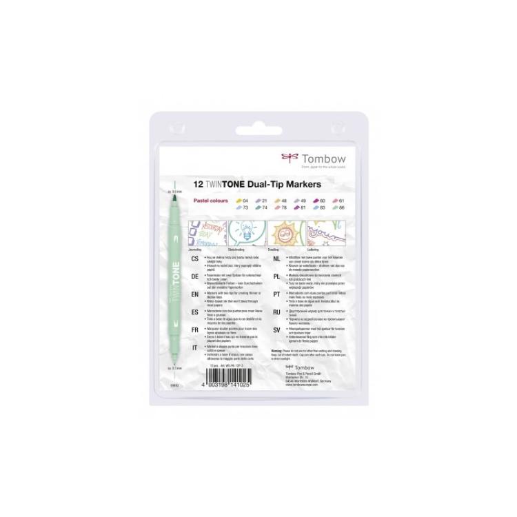 Tombow - TwinTone Pastels marcador 12 pieza(s) Punta redonda/fina Negro, Azul, Marrón, Cian, Verde, Naranja, Rosa, Rojo, Violeta