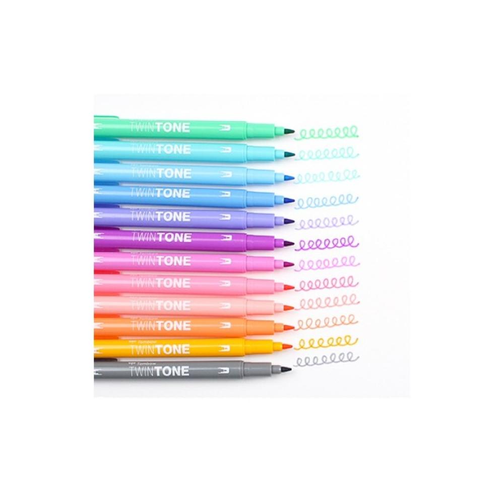 Tombow - TwinTone Pastels marcador 12 pieza(s) Punta redonda/fina Negro, Azul, Marrón, Cian, Verde, Naranja, Rosa, Rojo, Violeta