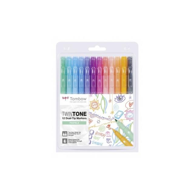Tombow - TwinTone Pastels marcador 12 pieza(s) Punta redonda/fina Negro, Azul, Marrón, Cian, Verde, Naranja, Rosa, Rojo, Violeta