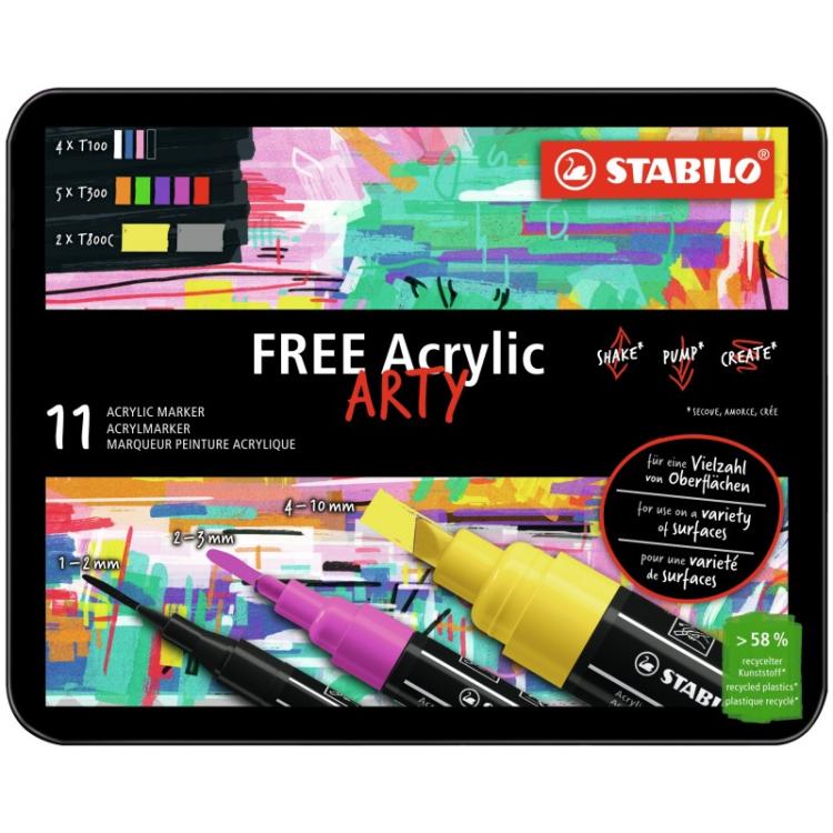 STABILO - FREE Acrylic marcador 11 pieza(s) Negro, Azul, Carmín, Gris Oscuro, Verde, Lila, Naranja, Rosa, Violeta, Blanco, Amari
