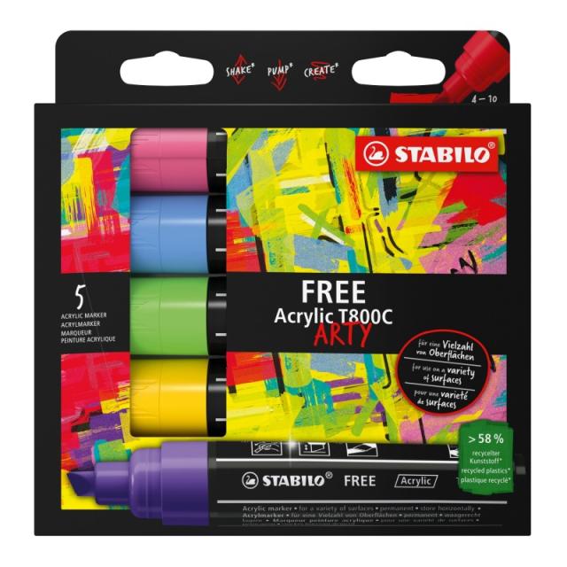 STABILO - FREE Acrylic T800C Set 1 marcador 5 pieza(s) Punta de cincel Verde claro, Azul metálico, Rosa, Violeta, Amarillo