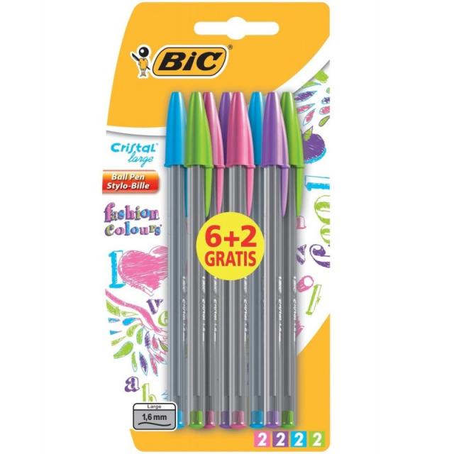 BIC - Cristal Large Fashion Colours Azul, Verde, Rosa, Púrpura Bolígrafo 8 pieza(s)