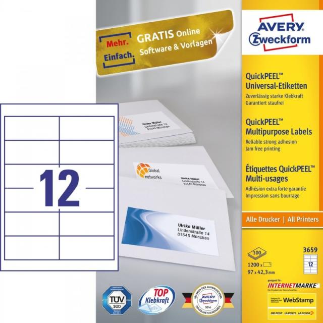Avery - 3659 etiqueta autoadhesiva Rectángulo Permanente Blanco 1200 pieza(s)