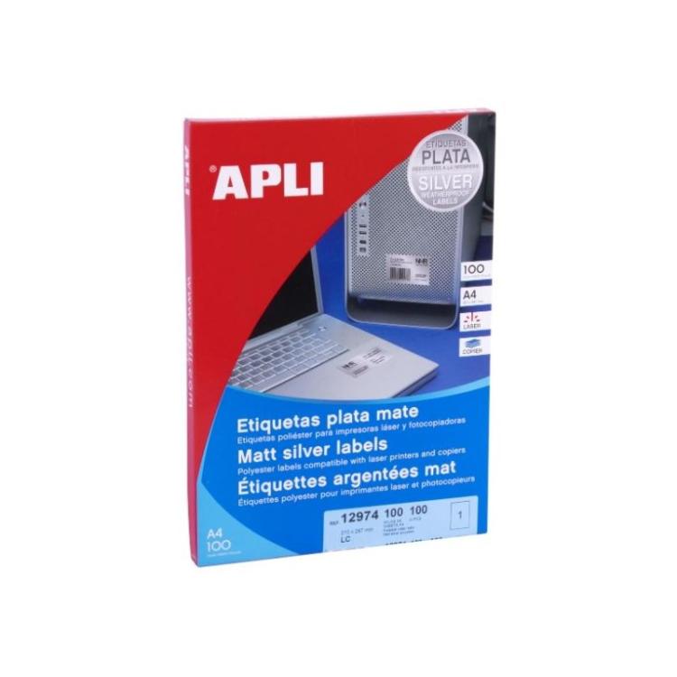 APLI - APLI ETIQUETAS METALIZADAS 210,0 X 297,0 MM CANTOS RECTOS PLATA - 100 HOJAS-