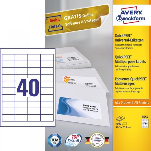 Avery - 3657 etiqueta autoadhesiva Rectángulo Permanente Blanco 4000 pieza(s)