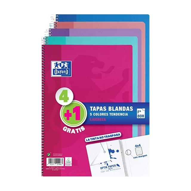 Oxford - PACK 4+1 CUADERNO ESPIRAL TAPA BLANDA FOLIO 80 HOJAS 4X4 CON MARGEN COLORES TENDENCIA OXFORD 400072719
