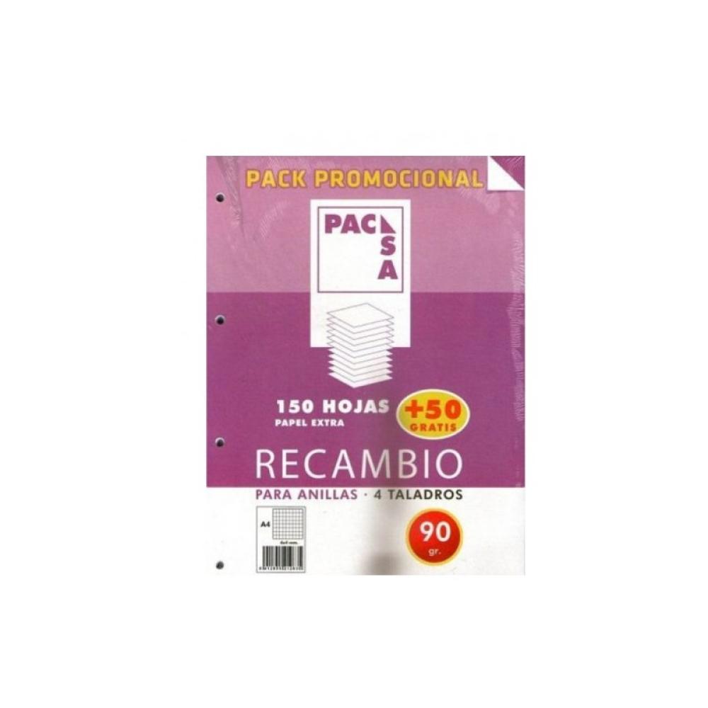 Pacsa - PACK RECAMBIO 90 GRS. 4 TALADROS . DIN A4 CUADRICULA 4X4 150 HOJAS + 50 GRATIS PACSA 21283