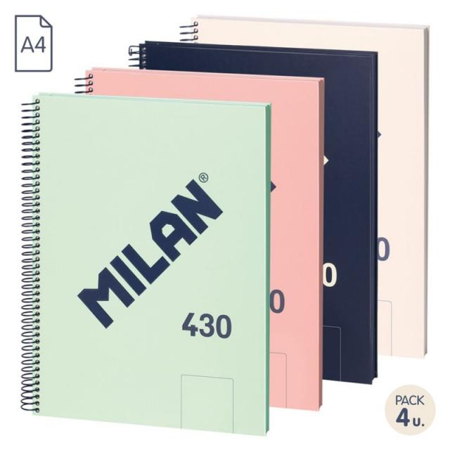 Milan - 57141E80X4 cuaderno y block A4 80 hojas Beige, Azul, Verde, Rosa - Surtido pack de 4