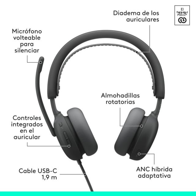 Logitech - Zone Wired 2: auriculares con cancelación de ruido y tecnología híbrida adaptativa ANC, USB-C con adaptador USB-A, Gr