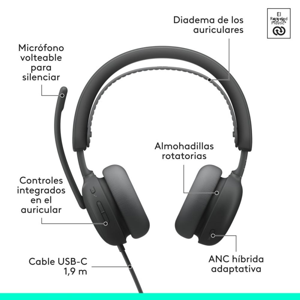Logitech - Zone Wired 2: auriculares con cancelación de ruido y tecnología híbrida adaptativa ANC, USB-C con adaptador USB-A, Gr