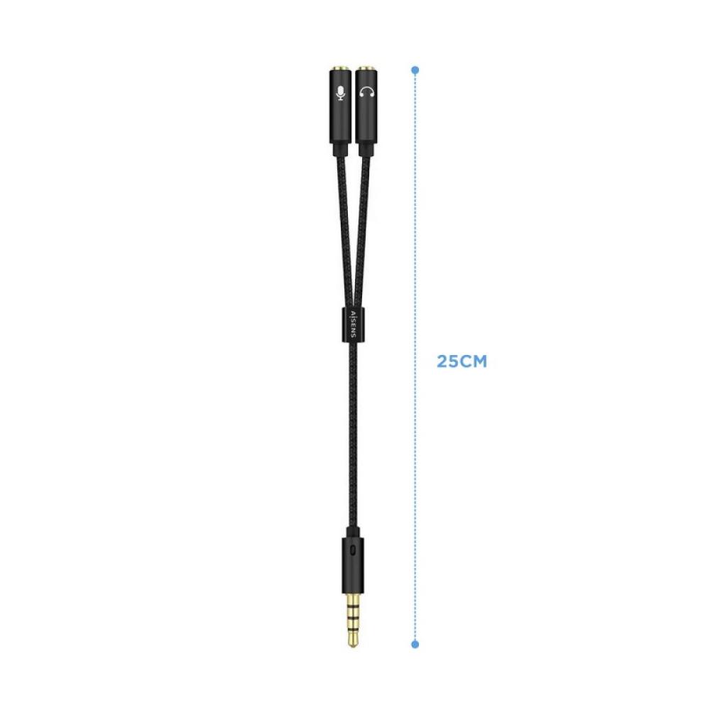 AISENS - Cable Adaptador Audio Jack 3.5 4pines/M-2xjack 3.5 3pines/H, Negro, 25cm
