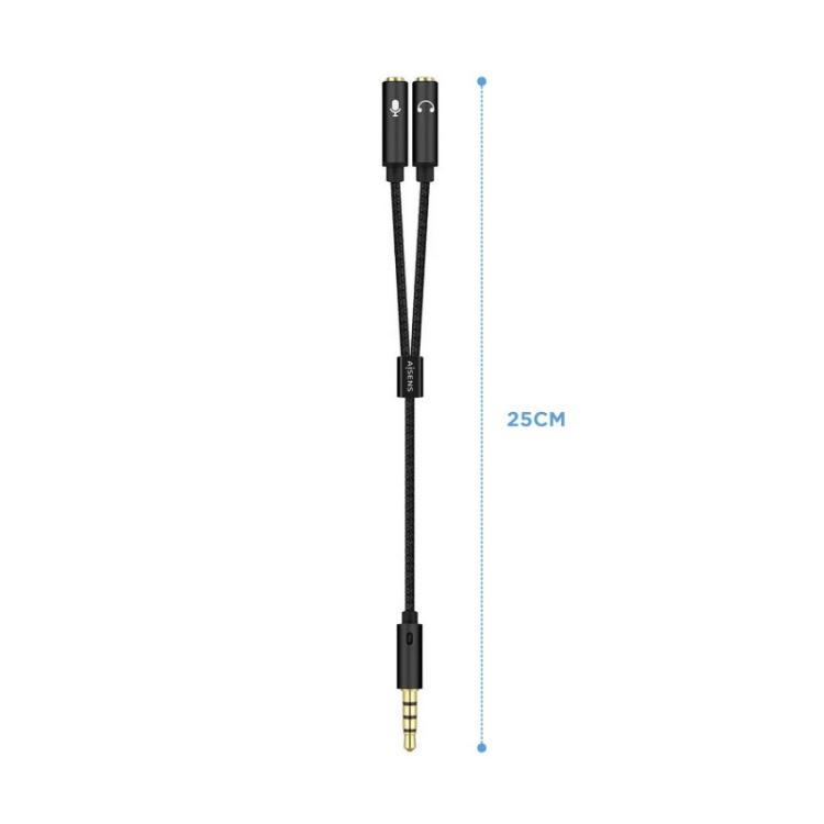 AISENS - Cable Adaptador Audio Jack 3.5 4pines/M-2xjack 3.5 3pines/H, Negro, 25cm