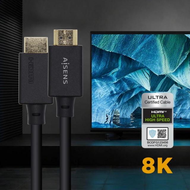 AISENS - Cable HDMI V2.1 Ultra Alta Velocidad / HEC Certificado 8k@60Hz 48Gbps, A/M-A/M, Negro, 2.0m